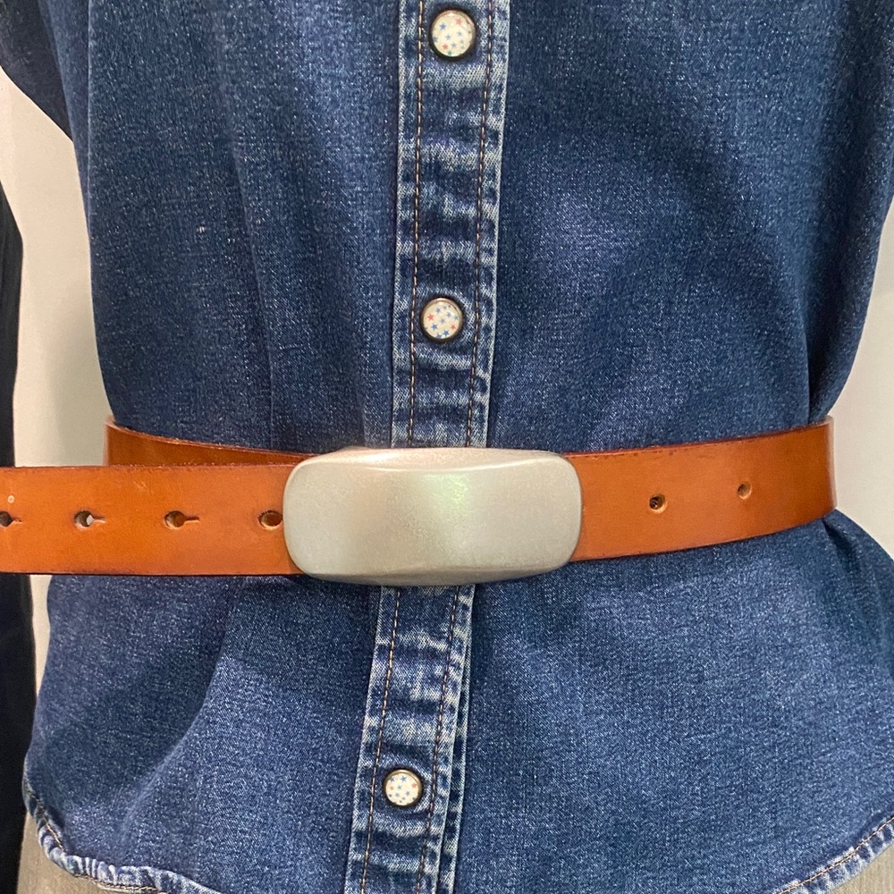 Brown Leather Belt with Silver Buckle Size M-L Minimalist Classic